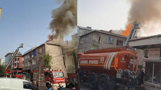 Ümraniye’de 3 katlı binanın çatısı alev alev yandı